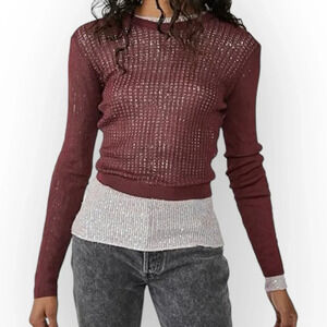 Free People Women's H2O Crew Knit Pullover Sweater Long Sleeve Size XS Maroon